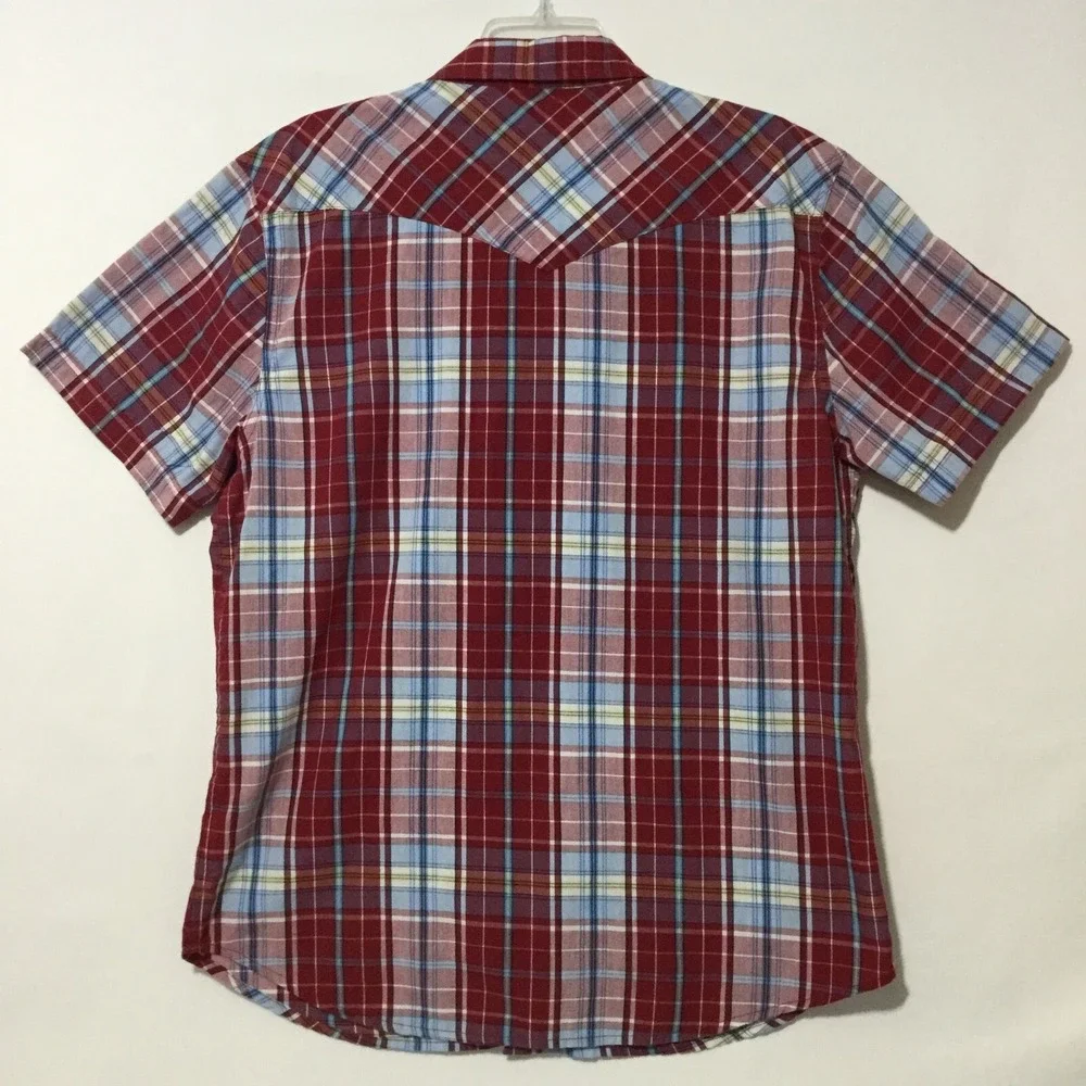 Levi's Strauss Shirt Mens Pearl Snap L Red Blue Plaid Western Cowboy Rodeo‎ SS
